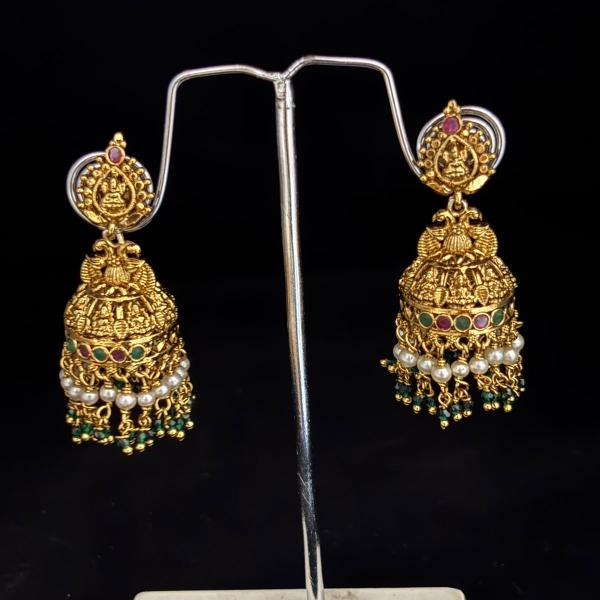 Gold Finish Butta's with Round Pearls & Green hydro bead hangings, Set of 1 Pair