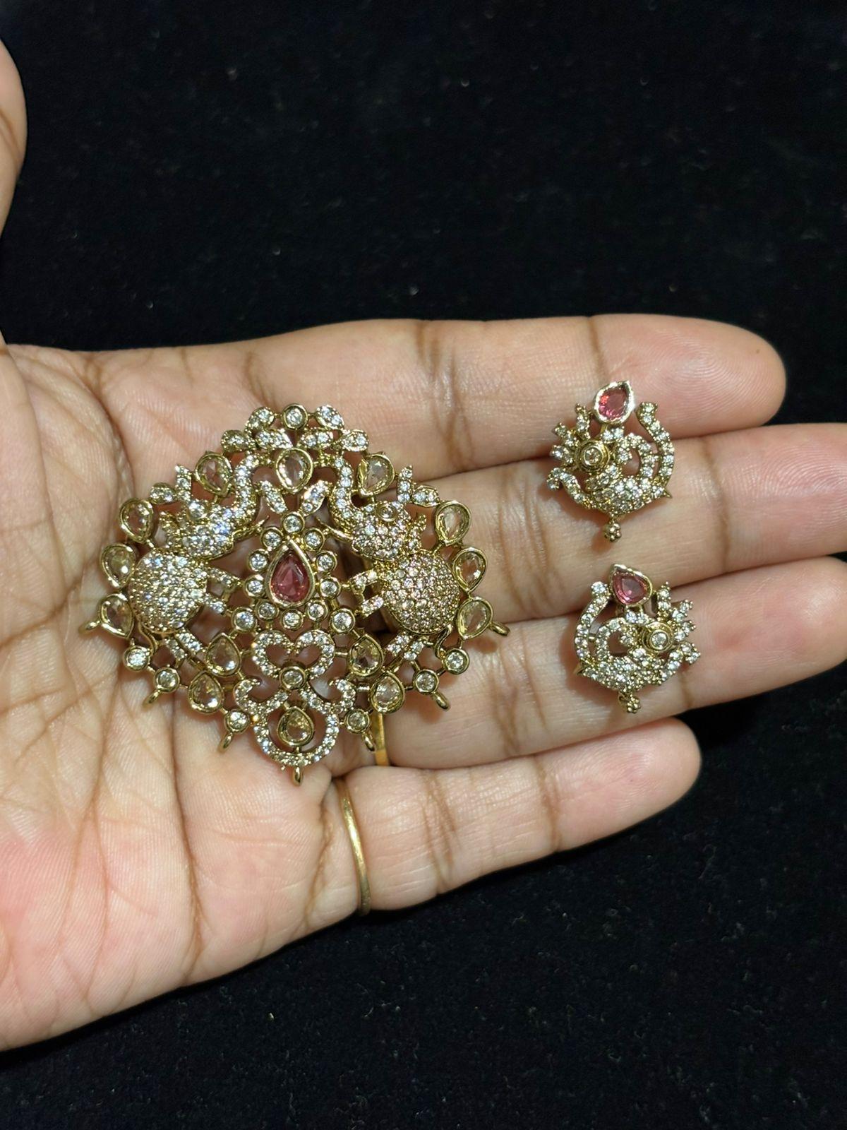 Victorian Mehandi finish  Pendant With Stud Earrings (Colours Available)