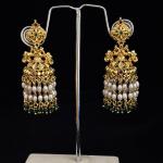 Gold Finish Butta's with Rice Pearls & Green hydro bead hangings, Set of 1 Pair