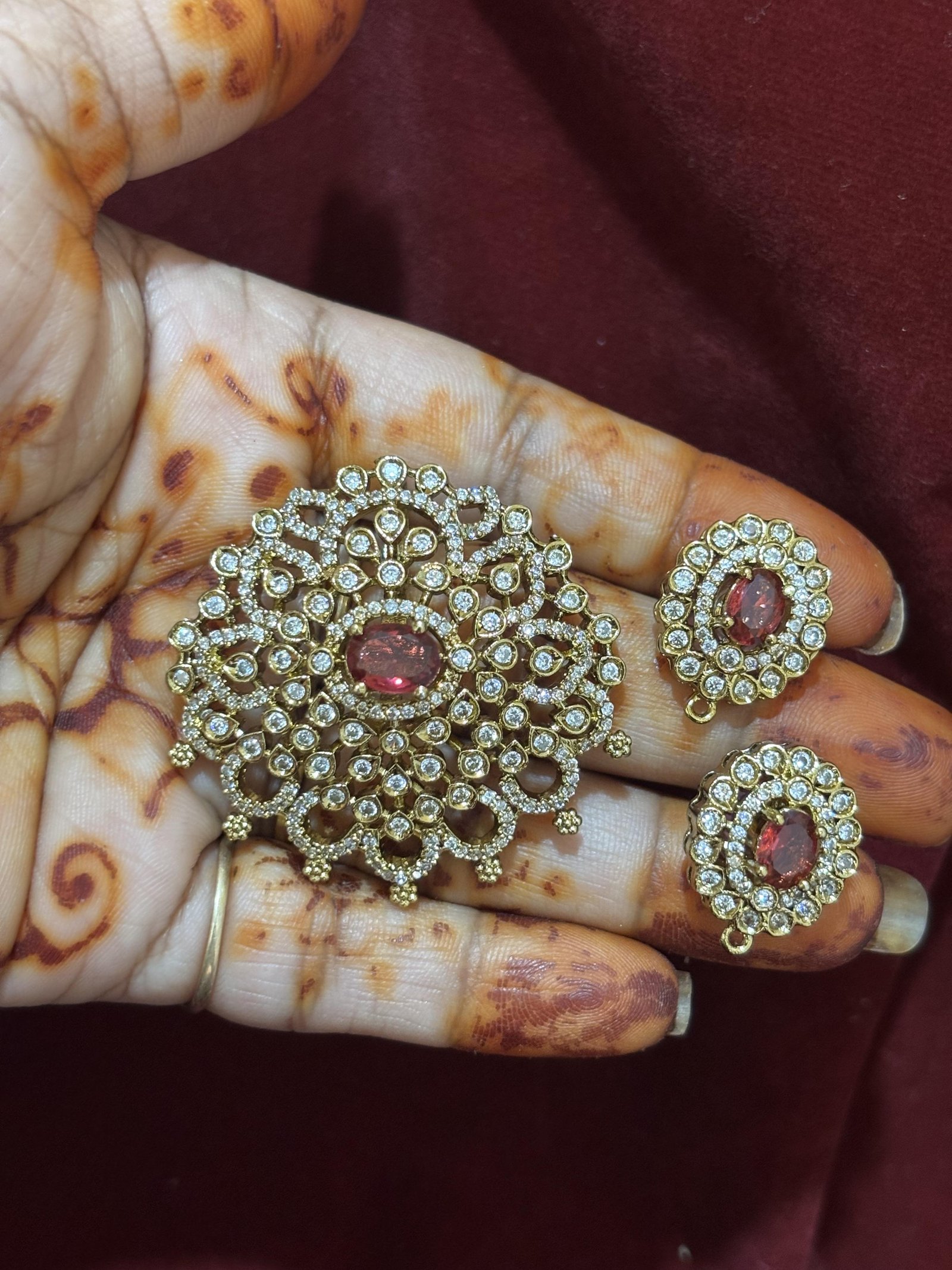 Victorian Mehandi finish Pendant With Stud Earrings (Colours Available)